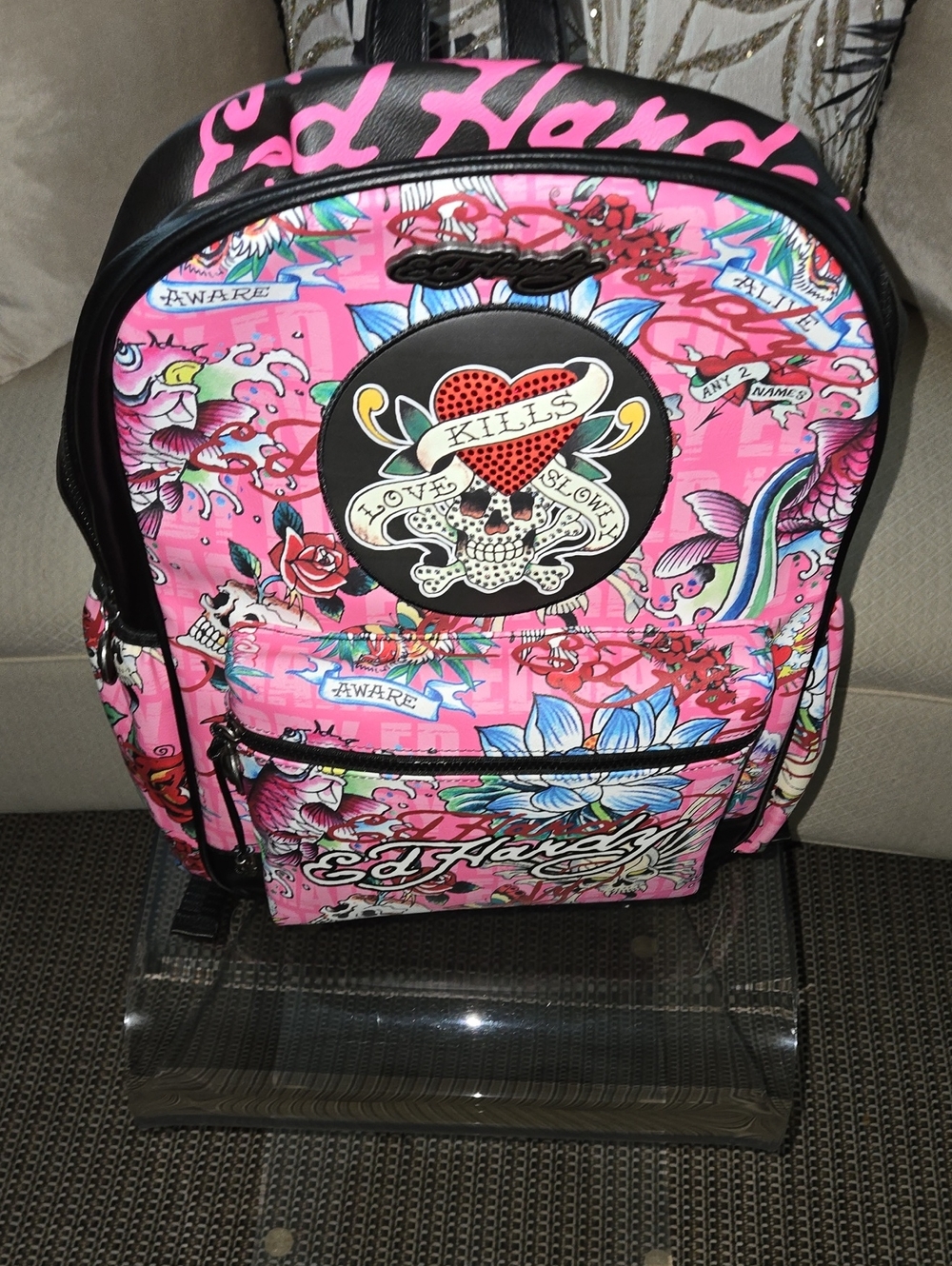 Ed Hardy Pink Tattoo-Print  Backpack with Skull Heart Patch